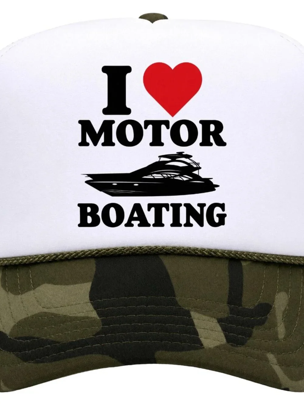 I Love Motor Boating Funny Yacht Camo White Foam Rope Snapback Trucker Hat Retro